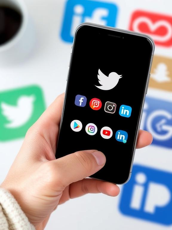 Mobiltelefon med ikoner för sociala medier som Facebook, Instagram, LinkedIn och Twitter